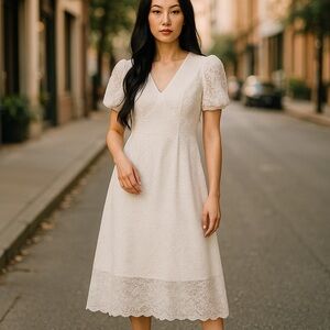 CyperRiver White Lace Floral V-Neck Dress – Women’s Size Small – NWOT